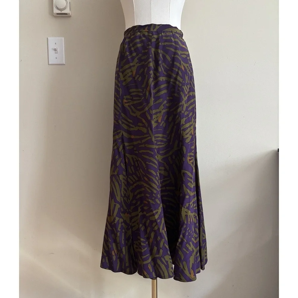 Vintage 80s 90s Long Silk Skirt Womens 6 Small Purple Green A Line Flowy Hem
